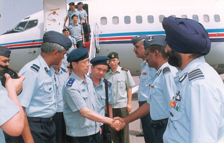 PLA officers shake hands with their IAF counterparts at Jodhpur AFS. Cannot Be Enlarged